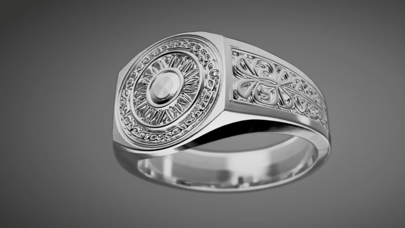 Anillo sello de plata con escudo de sol y laterales calados