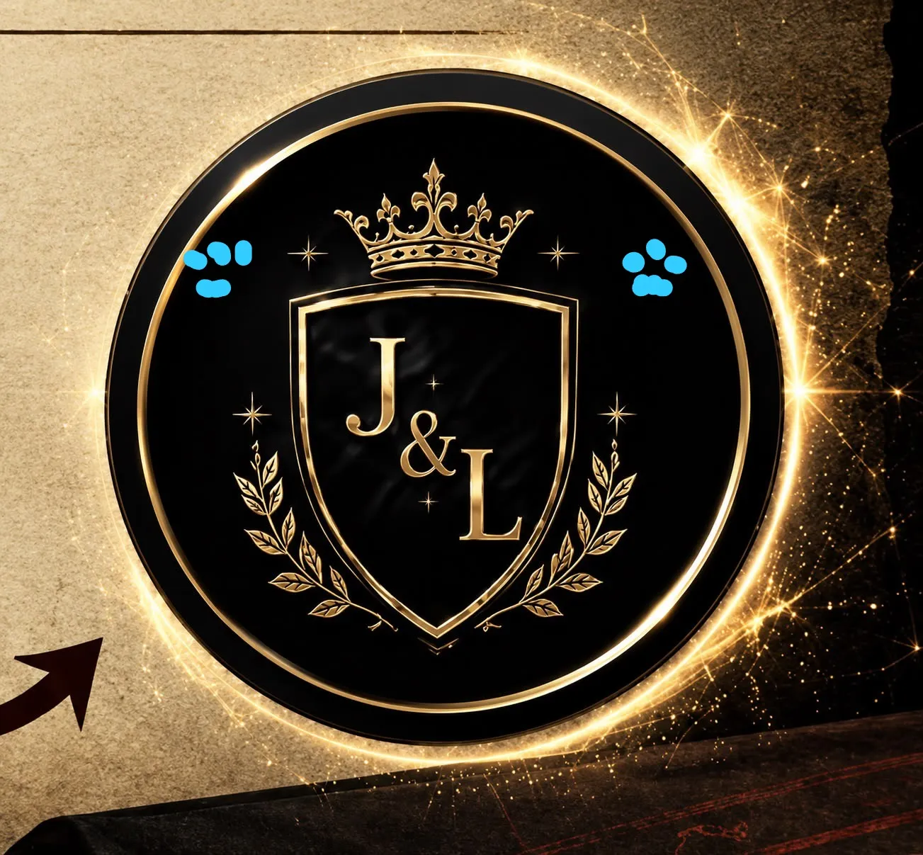 La imagen de referencia: escudo con corona y las iniciales J y L, con las huellas marcadas en azul