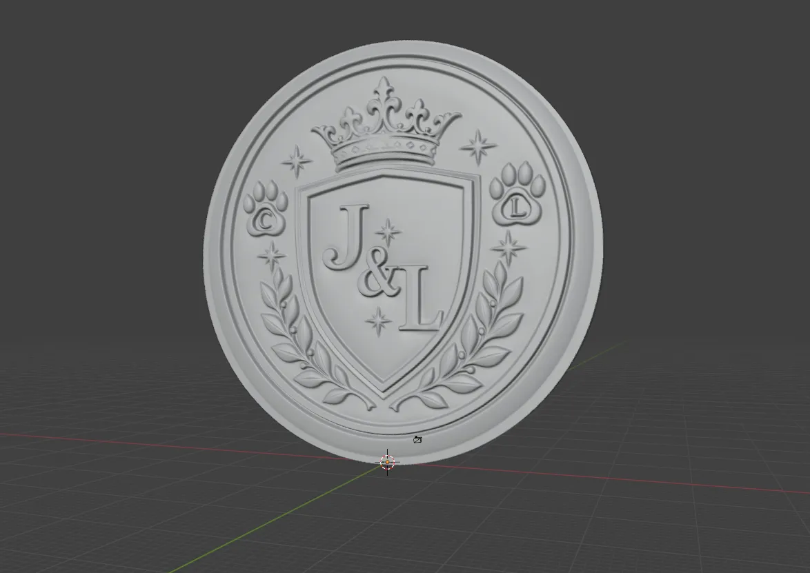 Modelo 3D de la medalla con el escudo, la corona, las ramas y las huellas